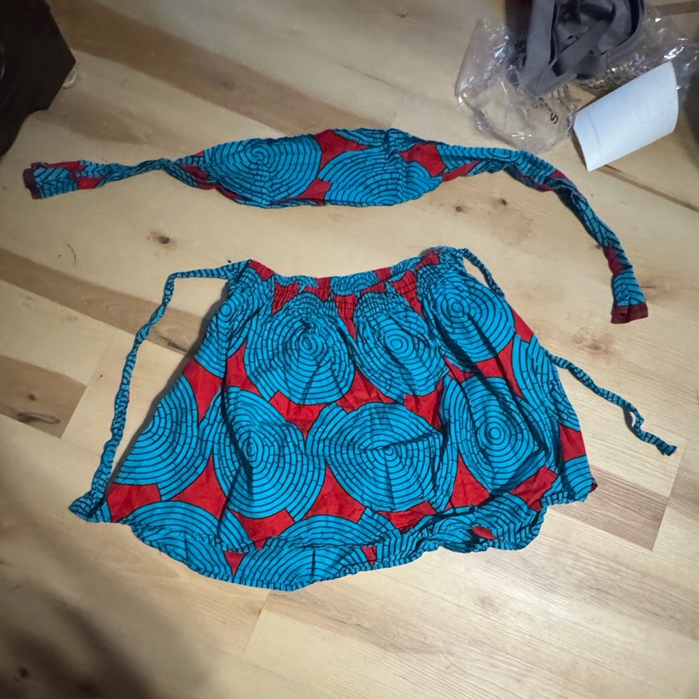 Blue & Red Two-Piece Crop Top and Mini Skirt Set
